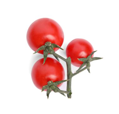 Branch of red ripe cherry tomatoes isolated on white, top view
