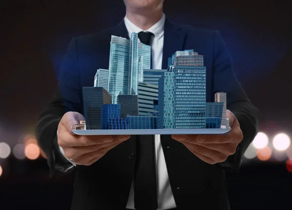 Man Holding Tablet Virtual Image City Dark Background Closeup — Stockfoto