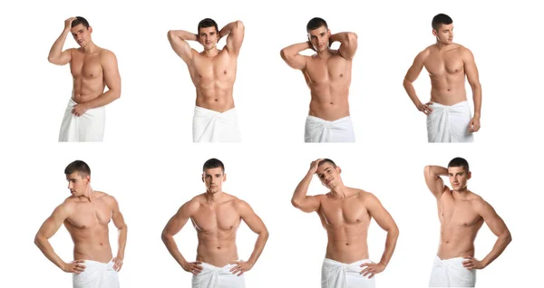 Collage Photos Attractive Man Soft Towels White Background Banner Design — Φωτογραφία Αρχείου