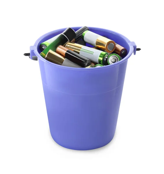 Used Batteries Bucket White Background — Zdjęcie stockowe