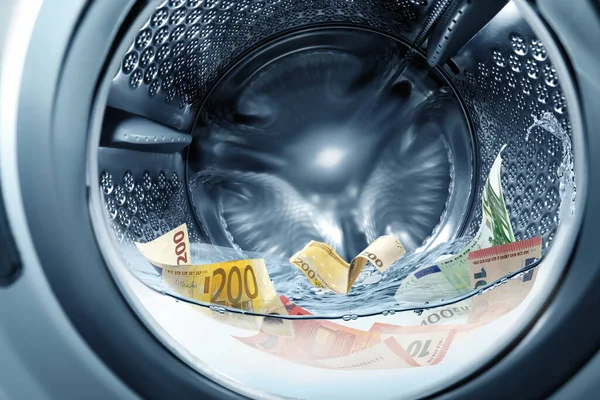 Money Laundering Many Euro Banknotes Washing Machine — Stock Photo, Image