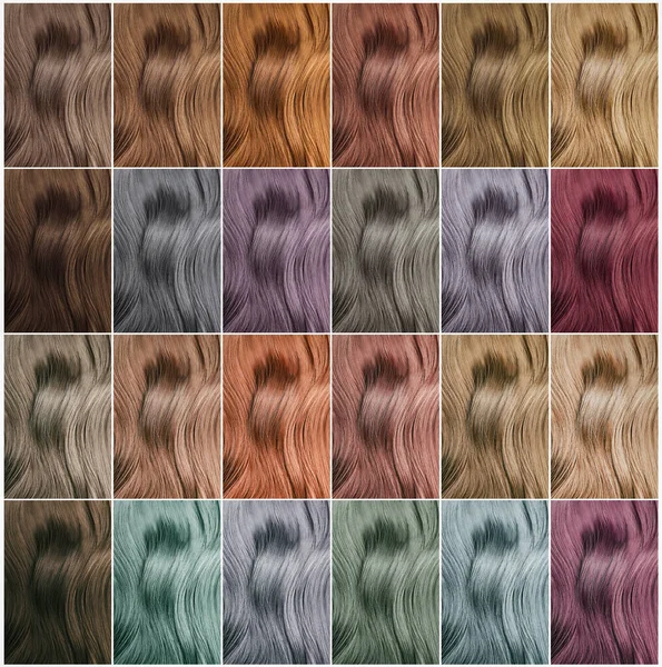 Collage Met Veelkleurige Haarmonsters Kleurenpalet — Stockfoto