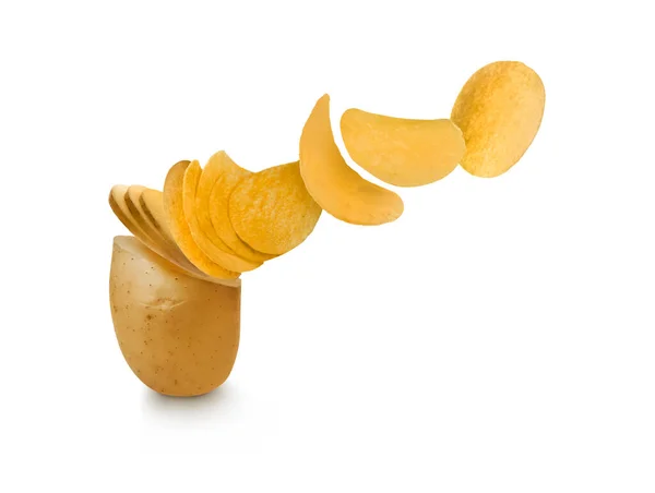 Raw Potato Turning Tasty Crispy Chips White Background — Stock fotografie