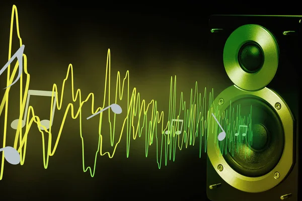 Modern powerful audio speaker and sound waves on dark background
