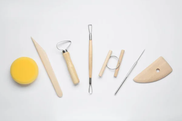 Set Clay Modeling Tools White Background Flat Lay — Zdjęcie stockowe