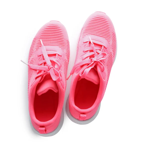 Pair Stylish Pink Sneakers White Background Top View — Foto de Stock