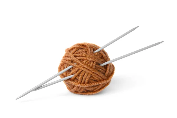 Soft Brown Woolen Yarn Knitting Needles White Background — 스톡 사진