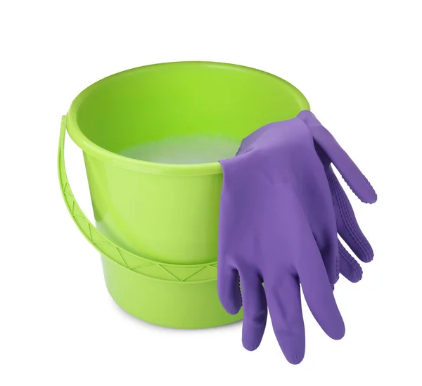 Green Bucket Detergent Gloves White Background — Zdjęcie stockowe