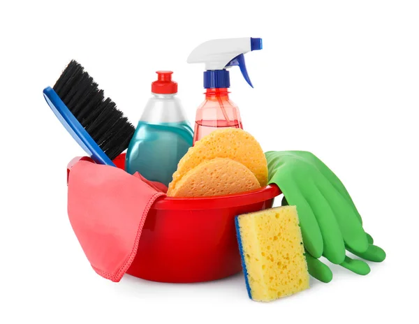 Red Basin Cleaning Supplies Tools White Background — Stock Photo, Image