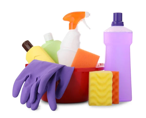 Red Basin Cleaning Supplies Tools White Background — Stockfoto
