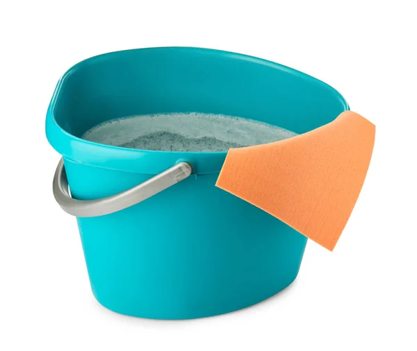 Turquoise Bucket Detergent Rag Isolated White — Fotografia de Stock