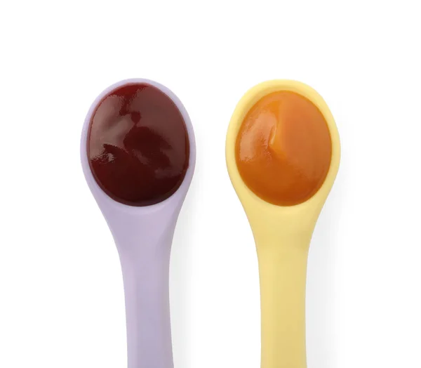 Healthy Baby Food Spoons White Background Top View — Stock Photo, Image