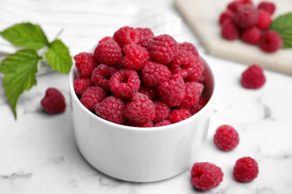 Bowl Fresh Ripe Raspberries White Marble Table Closeup — Stock Photo, Image