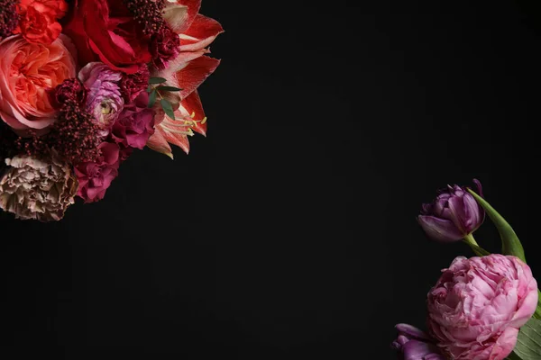 Beautiful Fresh Flowers Dark Background Space Text — Foto de Stock