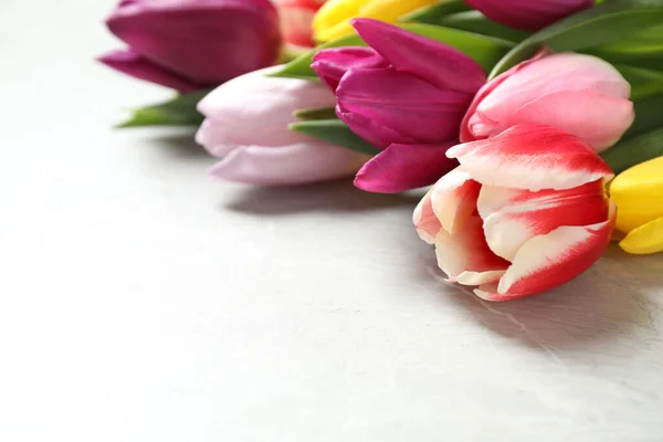 Beautiful spring tulips on marble table, closeup. Space for text