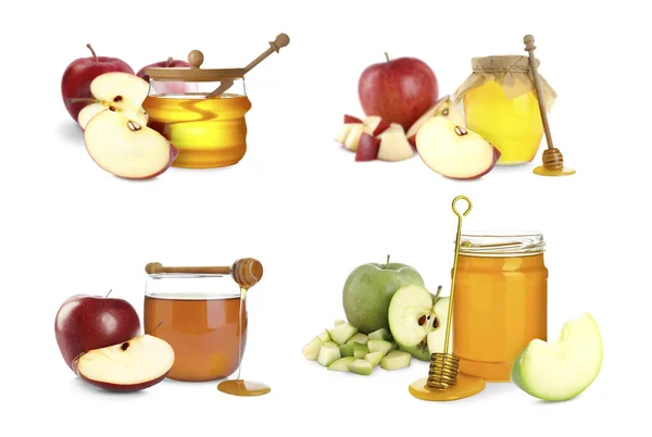 Natural Sweet Honey Tasty Fresh Apples White Background Collage — Stok Foto