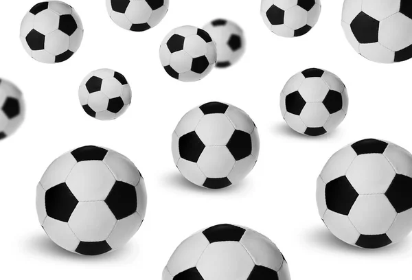 Falling New Soccer Balls White Background — Fotografia de Stock