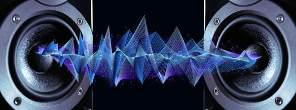 Modern Powerful Audio Speakers Sound Waves Dark Background Banner Design — 图库照片