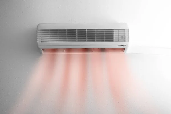 Modern Conditioner Illustration Warm Air Flow White Wall Indoors — Fotografia de Stock