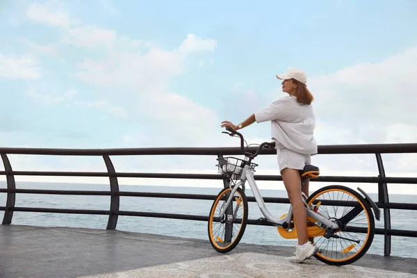 Beautiful Young Woman Bicycle Sea Space Text — Fotografie, imagine de stoc