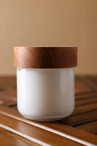 Jar Luxury Cream Wooden Table Closeup — Stok fotoğraf
