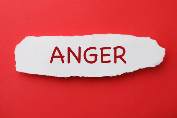 Piece Paper Word Anger Red Background Top View — Stock Fotó