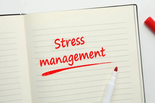Notebook Text Stress Management Red Felt Tip Pen White Background — Foto de Stock