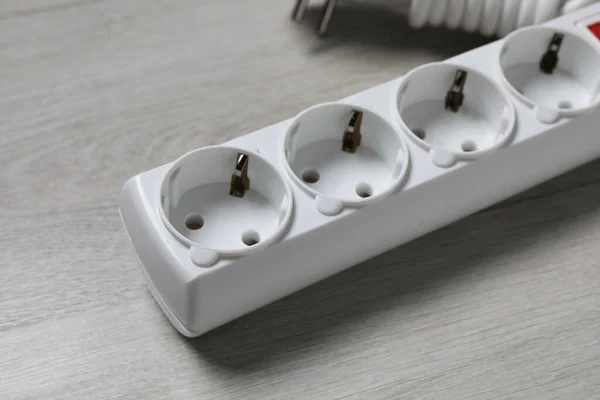 Power Strip Wooden Floor Closeup Electrician Equipment — Stok fotoğraf