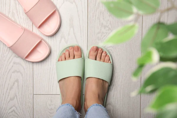 Woman Wearing Comfortable Rubber Slippers Indoors Top View — Stock Photo, Image