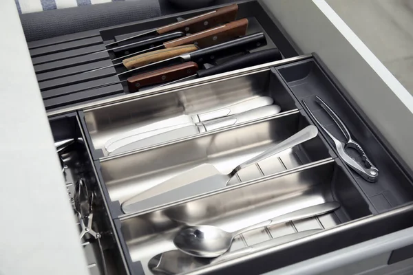 Open Drawer Kitchen Cabinet Different Utensils Cutlery Closeup — Fotografia de Stock