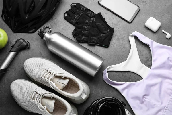 Flat Lay Composition Different Cycling Accessories Grey Background — Stock Photo, Image
