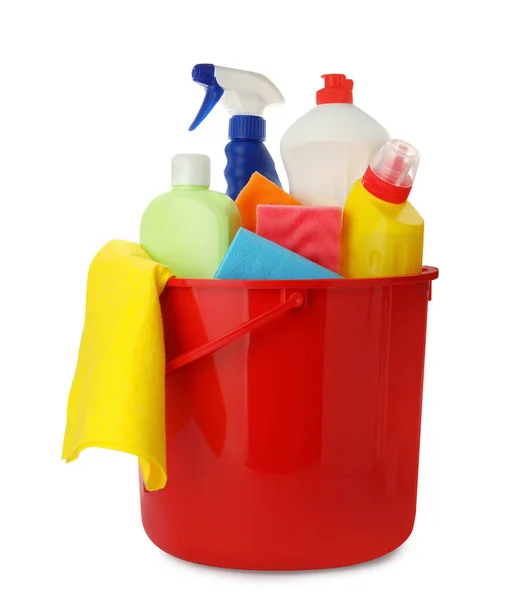 Red Plastic Bucket Different Cleaning Products Isolated White Royalty Free Stock Fotografie