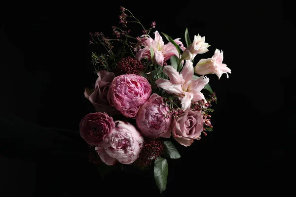 Beautiful Bouquet Different Flowers Dark Background — Fotografia de Stock