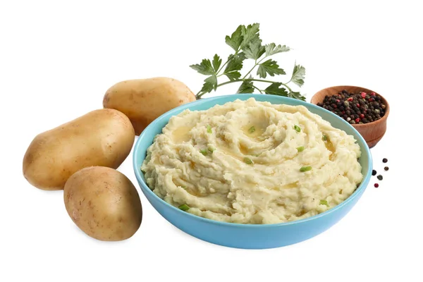 Bowl Tasty Mashed Potatoes Ingredients White Background — Stockfoto