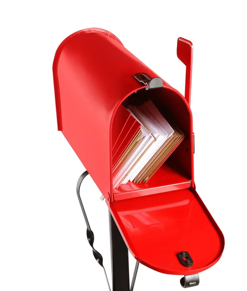 Caixa Carta Vermelha Com Envelopes Isolados Branco — Fotografia de Stock
