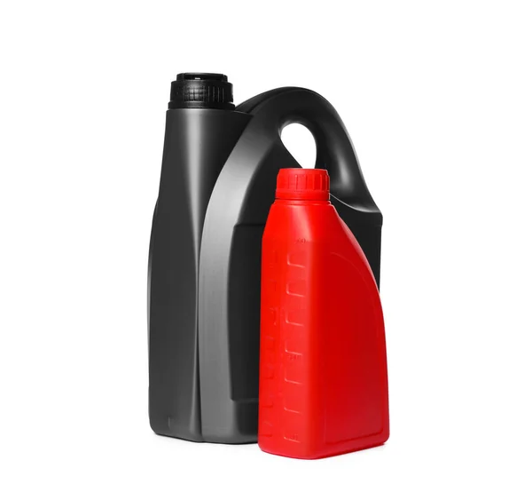 Motor Oil Different Containers White Background — Stockfoto