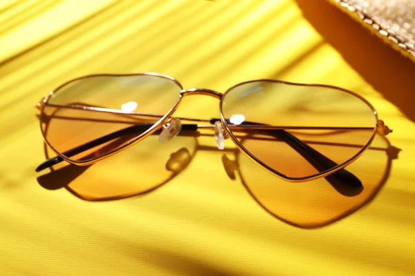 Stylish Elegant Heart Shaped Sunglasses Yellow Background Closeup — Stock Fotó