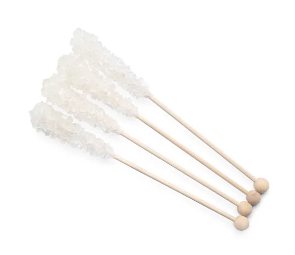 Bastoncini Legno Con Cristalli Zucchero Isolati Bianco Vista Dall Alto — Foto Stock