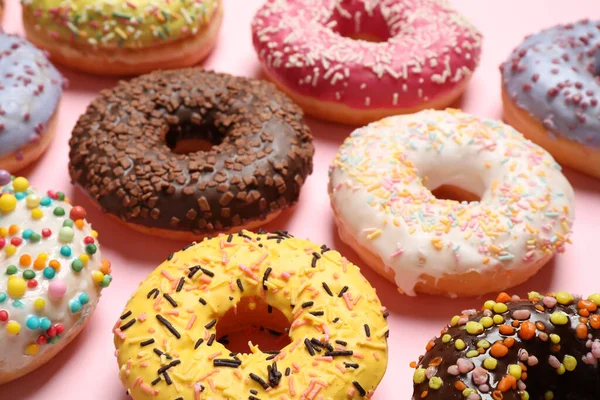Delicious Glazed Donuts Pink Background Closeup — Stock Photo, Image