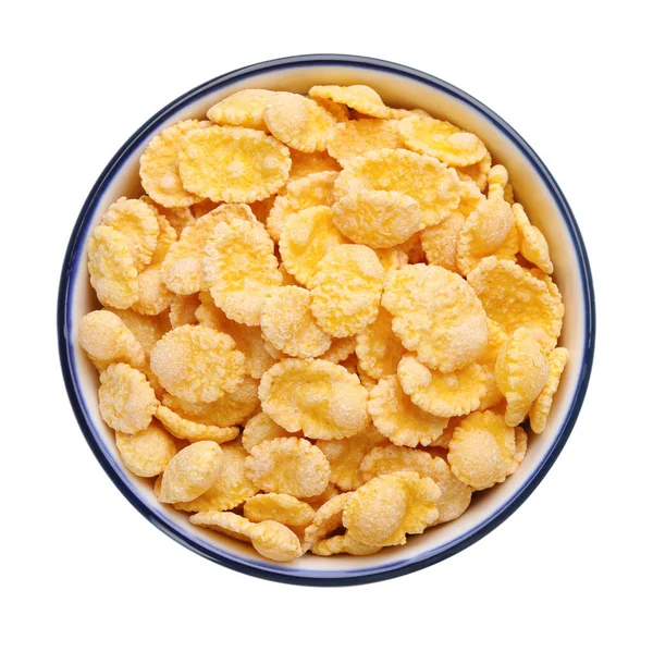 Bowl Tasty Corn Flakes Isolated White Top View — Stockfoto