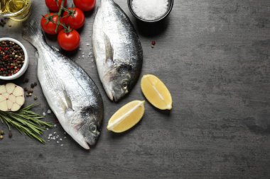 Gri masada çiğ dorada balığıyla düz bir bileşim vardı.