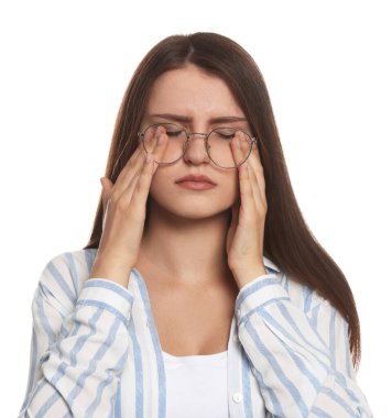 Young woman suffering from eyestrain on white background
