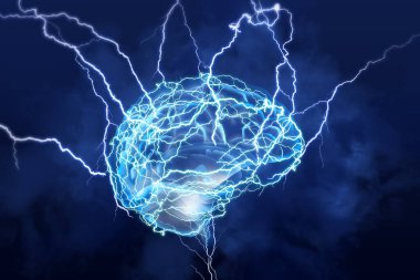 Illustration of human brain with lightning strikes on blue background