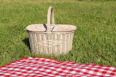 Picnic basket and checkered tablecloth on green grass outdoors