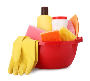 Red basin with cleaning supplies and tools on white background