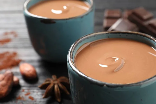 Yummy Hot Chocolate Black Wooden Table Closeup — Fotografia de Stock