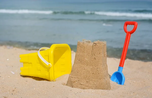 Beautiful Sand Castle Child Plastic Shovel Bucket Beach Sea — Stok fotoğraf