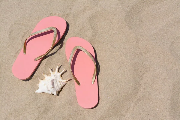 Stylish Pink Flip Flops Seashell Sandy Beach Flat Lay Space — 图库照片