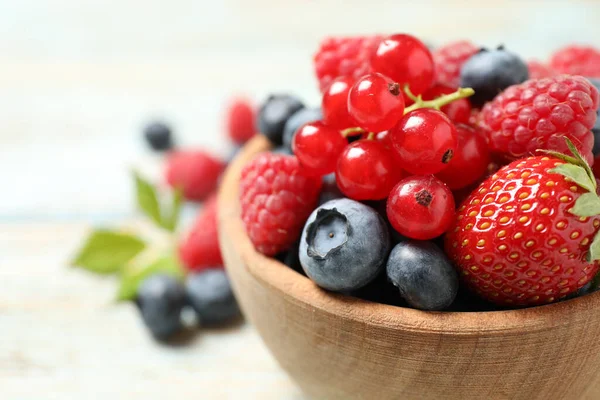 Mix Different Fresh Berries Bowl Table Closeup Space Text — Foto de Stock