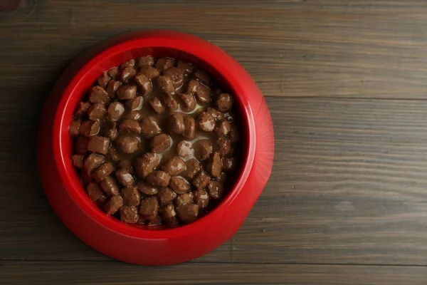 Comida Húmeda Para Mascotas Tazón Alimentación Sobre Fondo Madera Vista — Foto de Stock